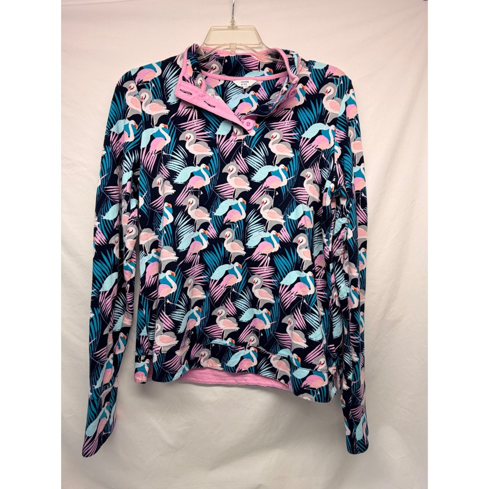 Crown & Ivy Womens Large Flamingo Palm Print Pullover Sweatshirt Navy Pink L